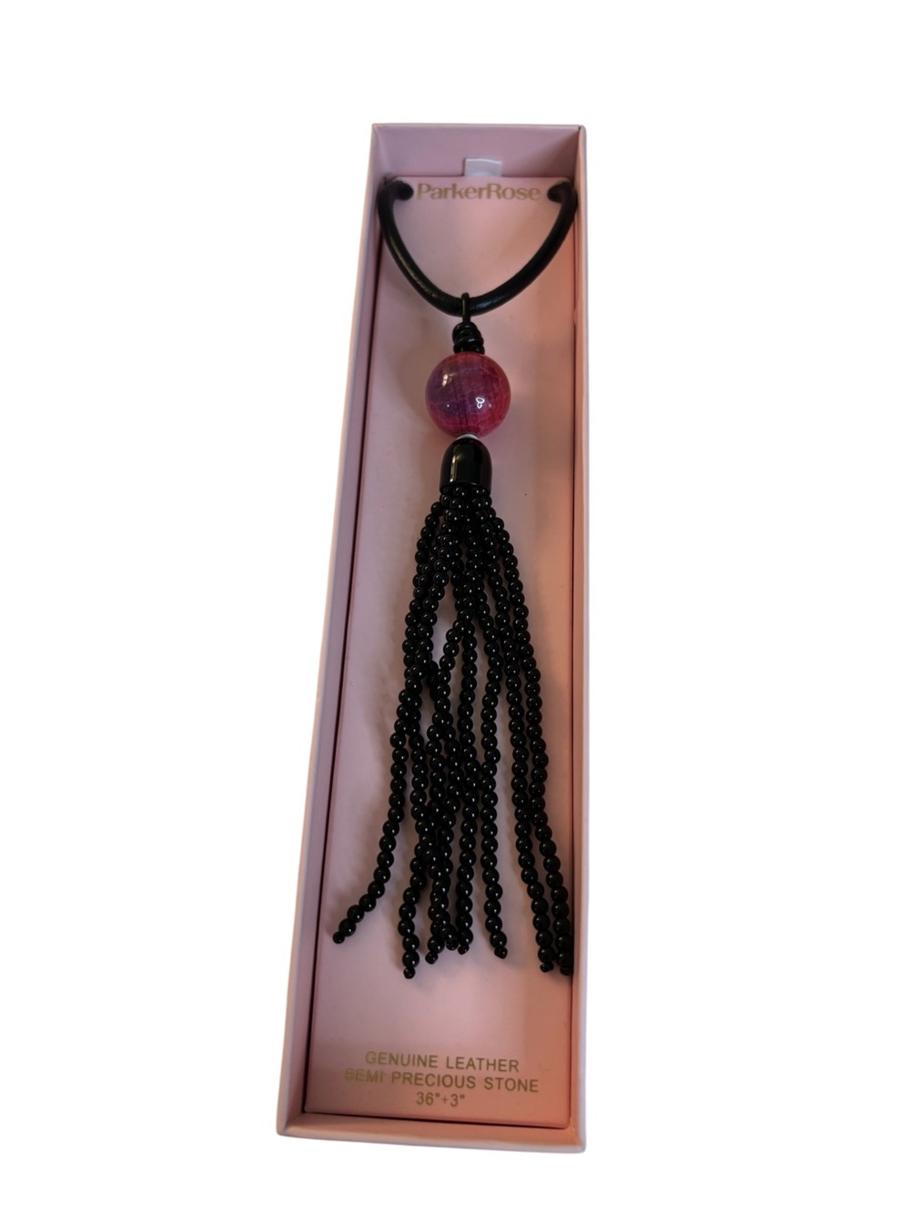 Parker Rose Black Beaded Tassel Necklace with Vibrant Pink Semi-Precious Stone